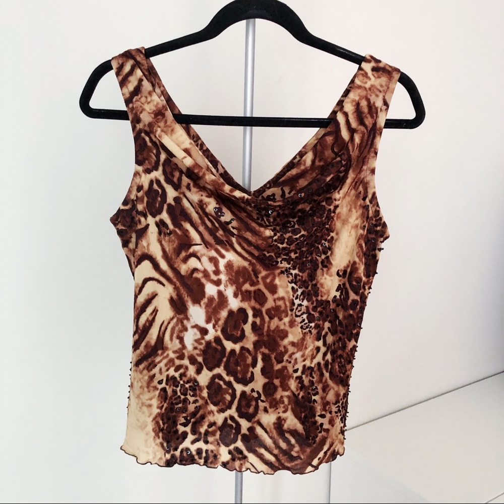 Leopard Cheetah Print Cowl Neck Sleeveless Blouse